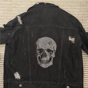 Black Distressed Denim Jacket with Crystal Skull Back
